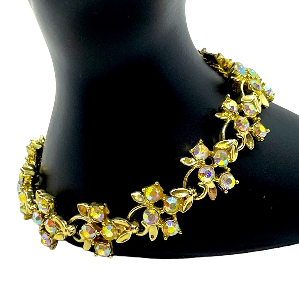 Longcraft Gold tone AB Aurora Borealis Rhinestones Tennis Bracelet vintage